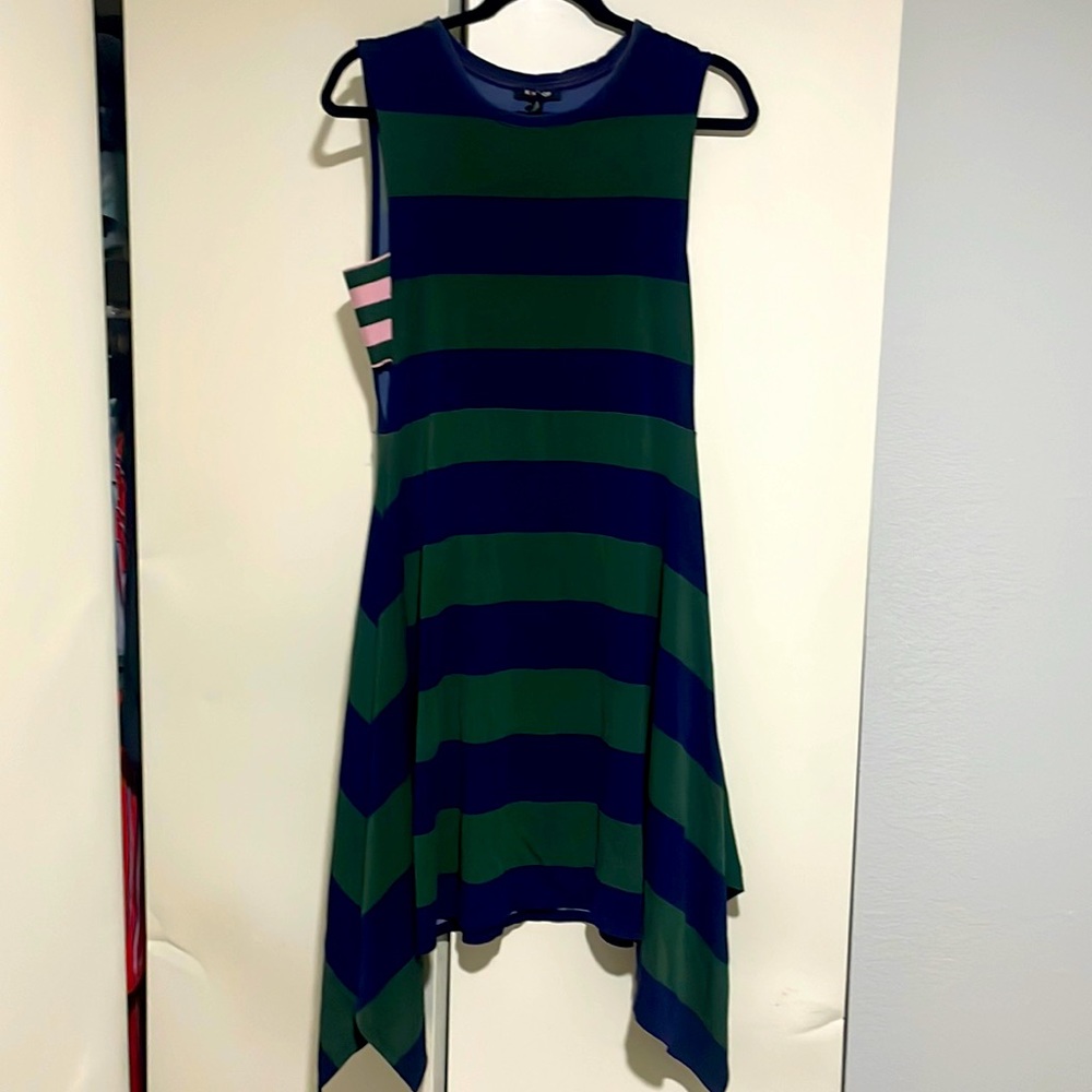Blue & green stripe dress w/fun detail on the side